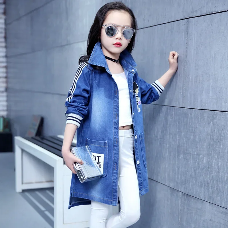 Spring Clothing Jeans Coat for Girls Denim Jackets Cartoon Children Outerwear Kid Active Autumn Clothes Teenager Long Trench Top