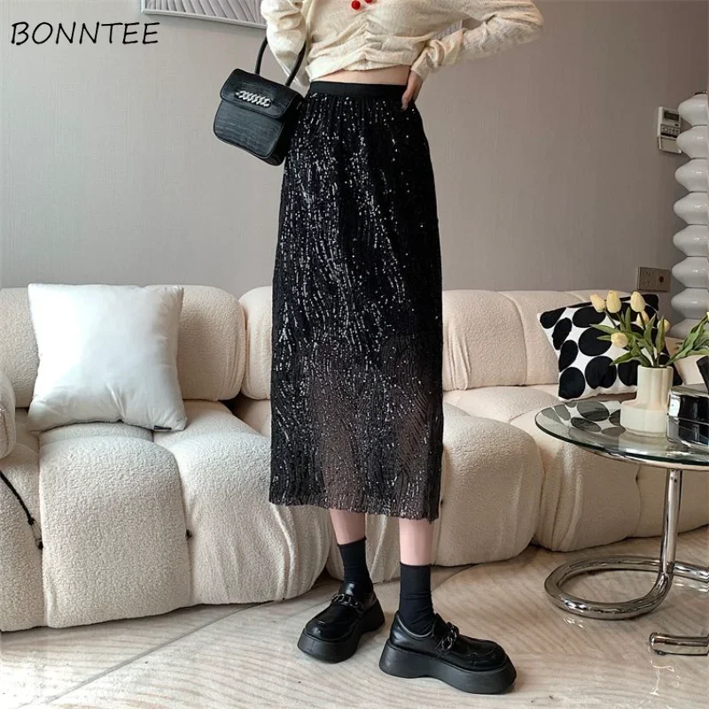 

Skirts Women Ladylike Sequined Graceful Female Slit Streetwear Charming New Summer Empire Korean Style Temperament Popular Ins