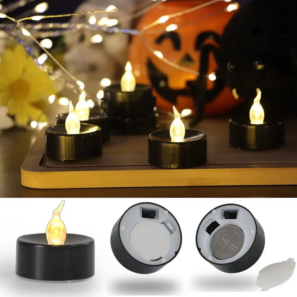 12Pcs New Plastic+LED Led Electronic Candle Smokeless Lighting Black Candle Light Black Halloween Party Candle Props Household