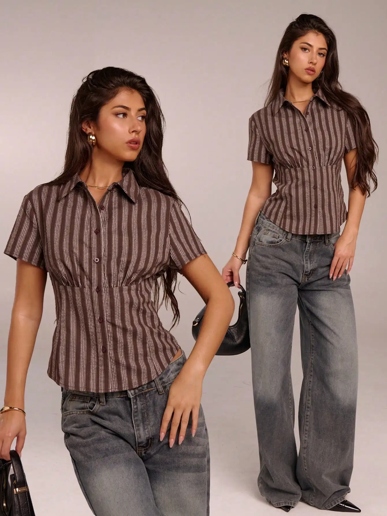 

Striped Short Sleeve Blouse Women Casual Vintage Button Up Shirt