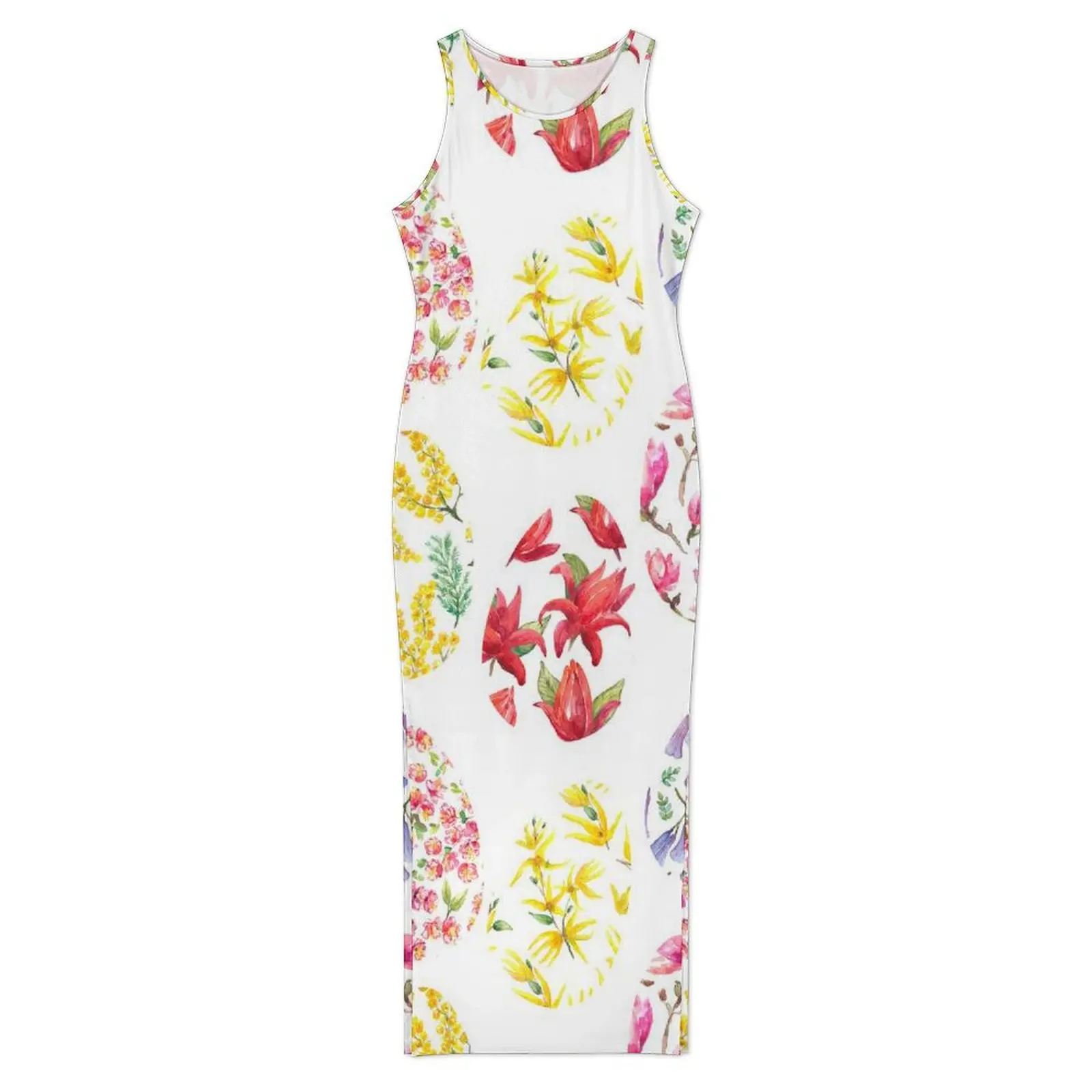 فستان عيد الفصح بدون أكمام بيض زهرة طباعة فنية فساتين ماكسي عصرية صيفية كورية موضة مخصصة فستان ضيق مقاس كبير 3XL 4XL