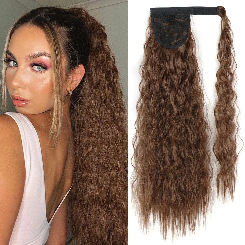 

LISI GIRL Synthetic Long Ponytail Corn Wavy Horsetail For Women Hairpiece Wrap On Clip Hair Extensions Black Brown Ponytail