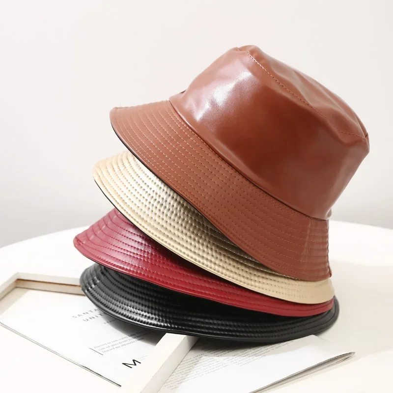 New Autumn Winter Pu Leather Cotton Bucket Hat Men Women Fashion Double Sided Fisherman Hat Outdoor Water Proof Panama Wholesale