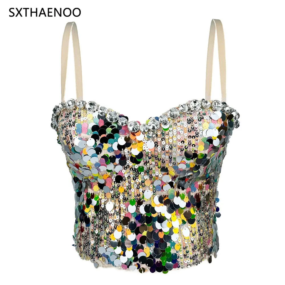 

SXTHAENOO Fashion Rhinestone Crop Tops Sexy Women Sling Corset Colourful Sequin Bustier Party Tank Top Trend Ladies Push Up Bras