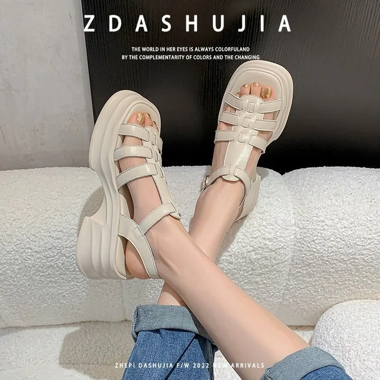 True Soft Leather Open Toed Roman Sandals for Women Outerwear 2023 Summer Platform Thick Sole Elevated Hollow Out Sandals