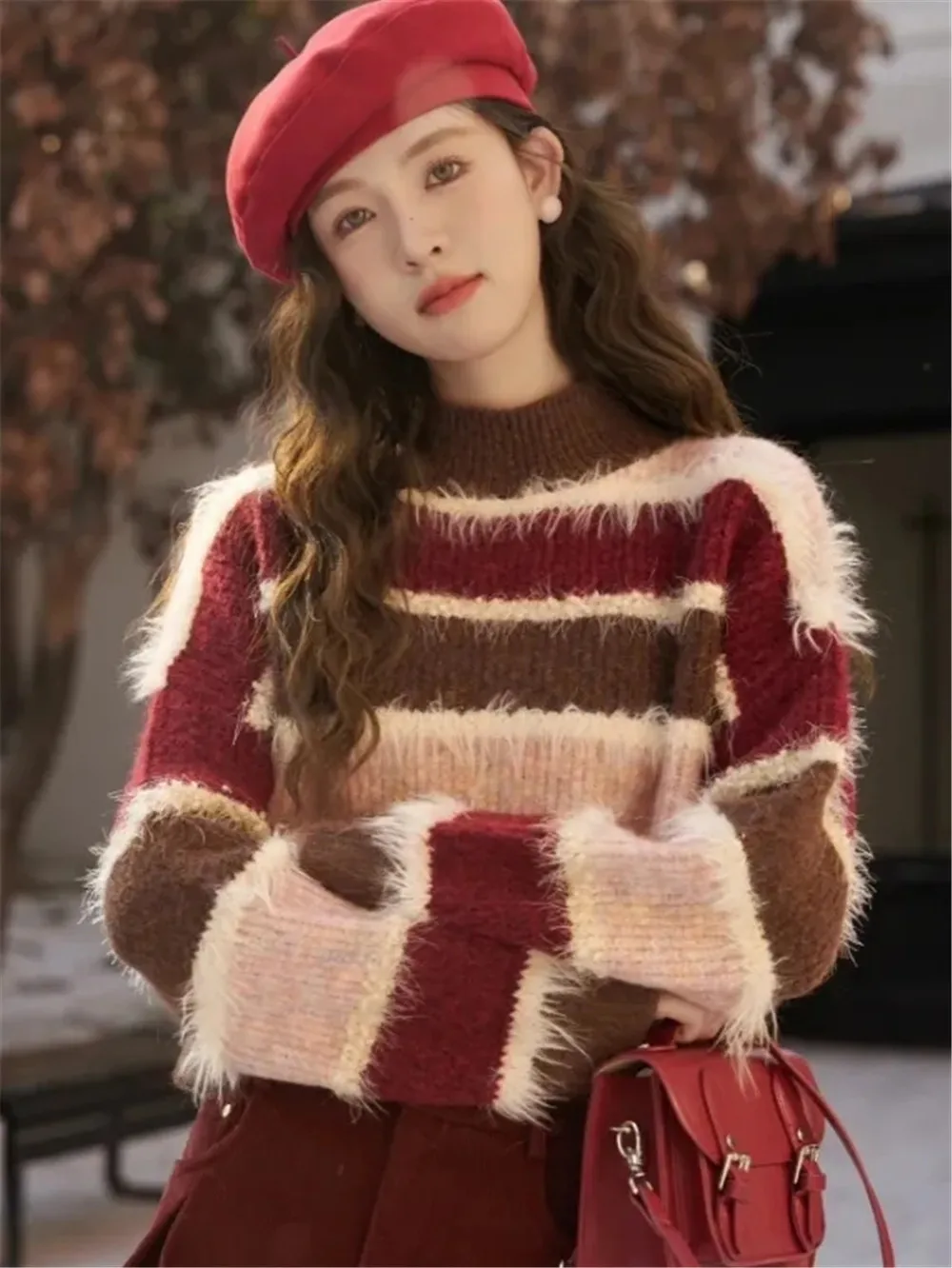 Vestidos De FiestaWoman ClothingAutumn And Winter Maillard Wear A Striped Color Patchwork Sweater Women + High Waist All