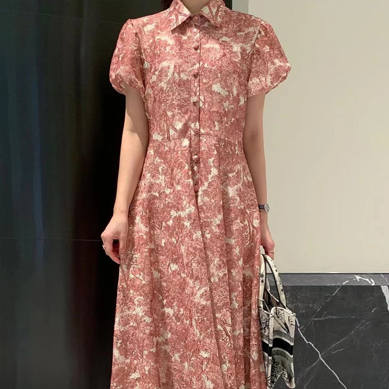 Clodland Vrouwen Retro Bloemen Midi Jurk Riem Met Korte Mouwen Een Rij Knopen Uit Een Stuk Zomer Vintage Jurken Vestido Qc252