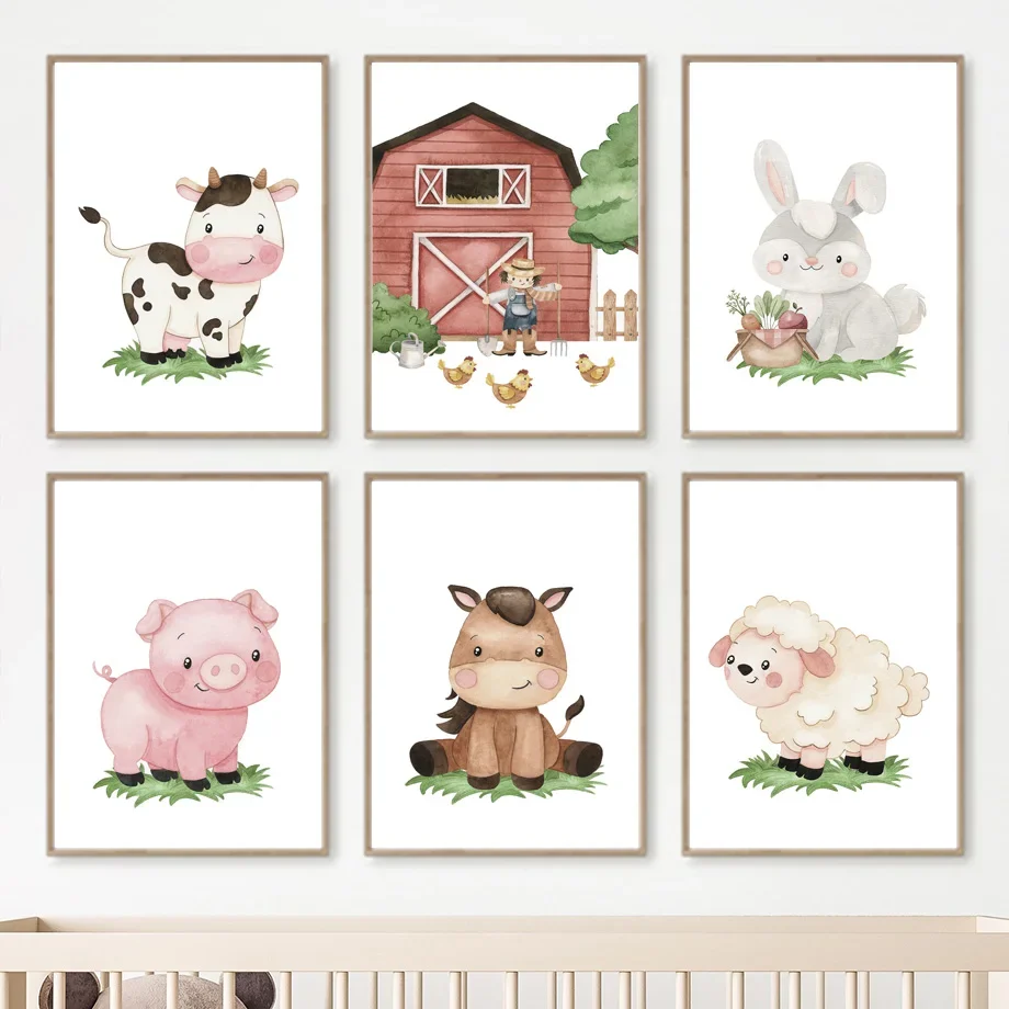 

Farmhouse Farmer Rabbit Carrot Horse Pig Cows Sheep Farm Art Canvas Painting Nordic Posters Prints Wall Pictures Kids Room Decor