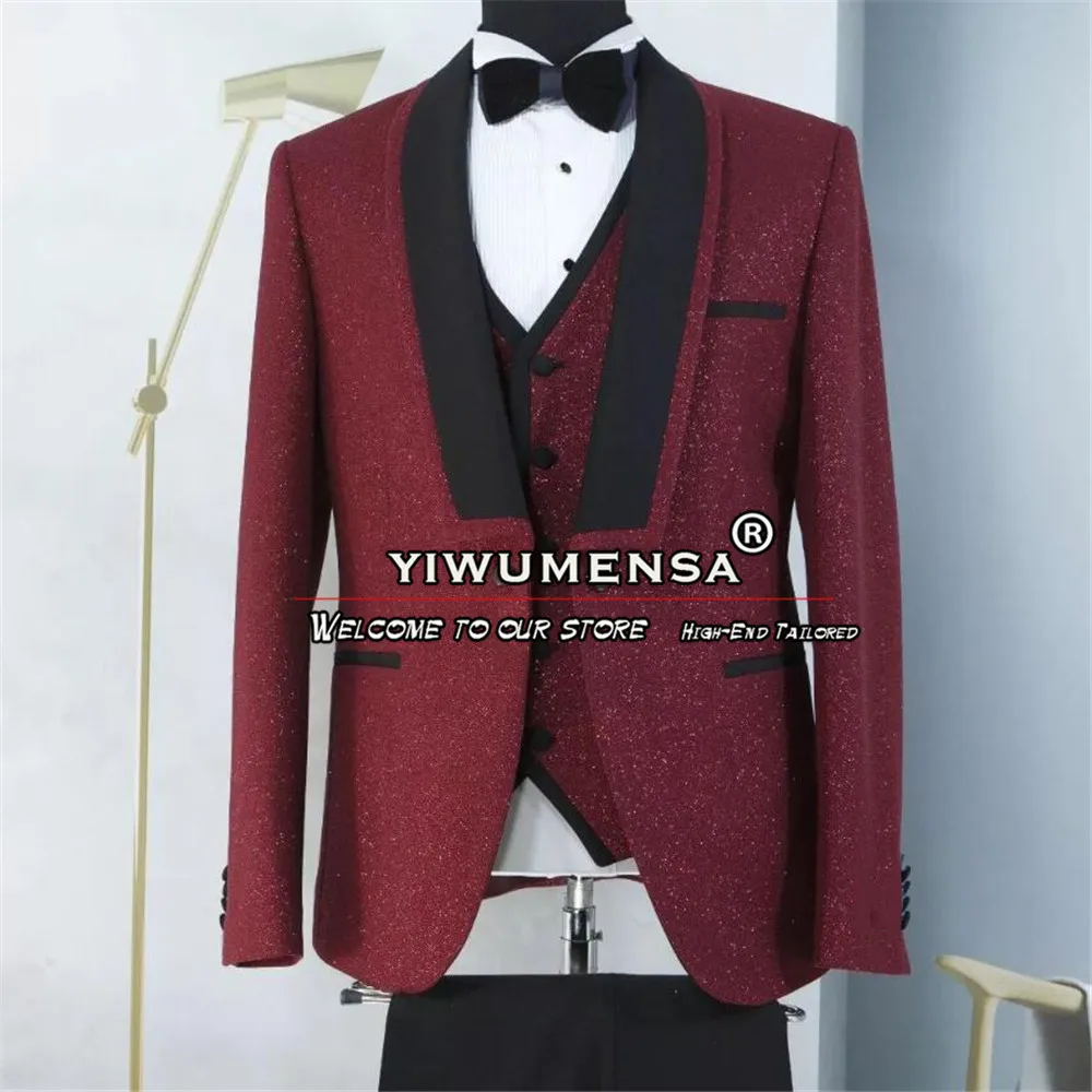 Royal Men Suits Black Notch Lapel Burgundy Groom Wedding Tuxedos Customized Sparkly Jacket Vest Pants 3 Pieces Dress Elegance