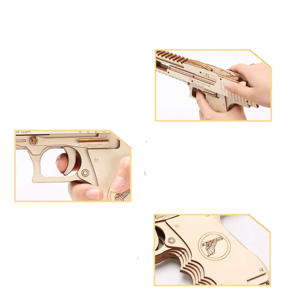 3d Sand Eagle Pistols Toys Mechanical Models Assemble Building Blocks Kits for Child DIY Wooden Puzzles with Rubber Band Bullets