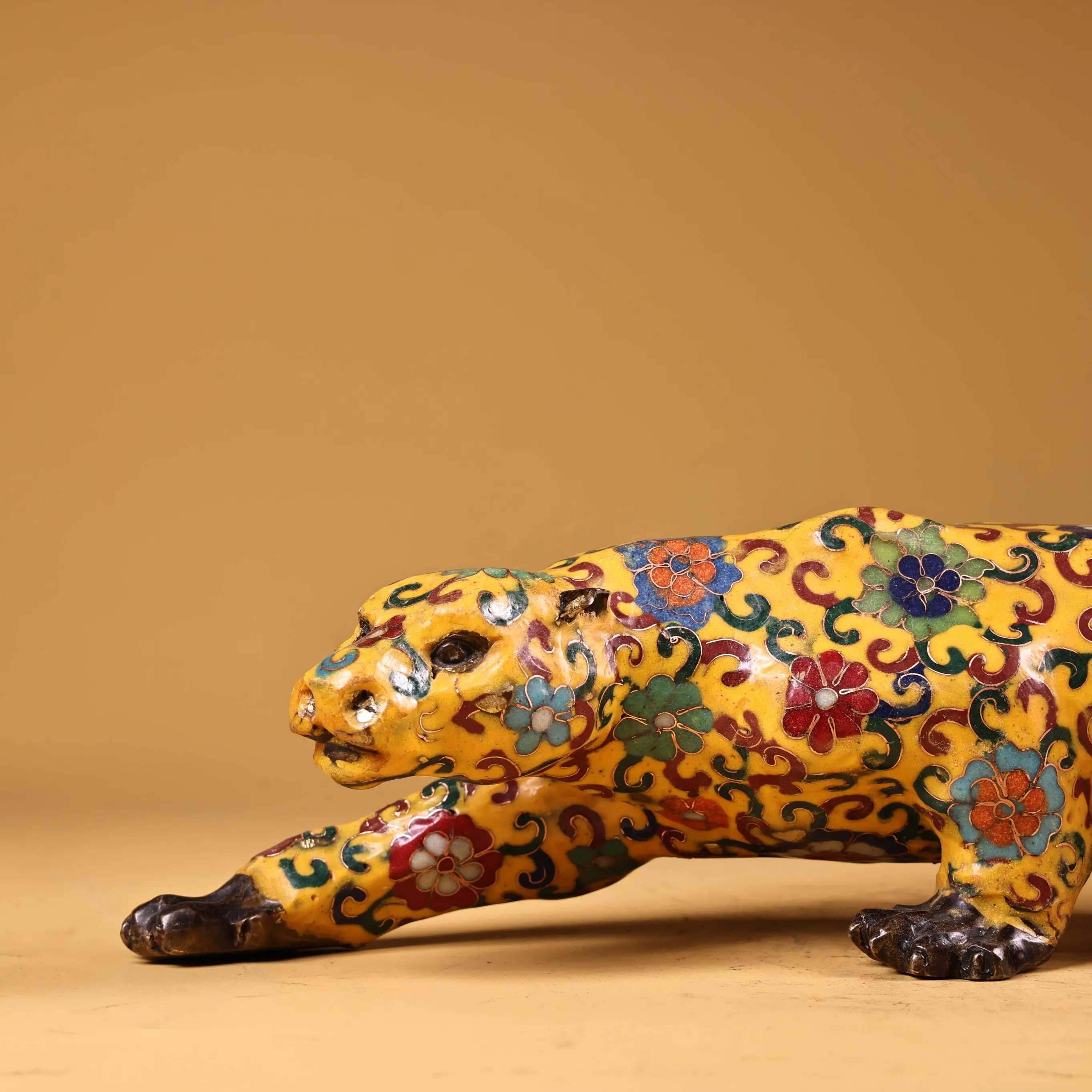 14 "مجموعة معبد التبت البرونزية القديمة مصوغة بطريقة المينا زهر البرقوق ليوبارد تمثال الحيوانات جمع الثروة الحلي تاون هاوس