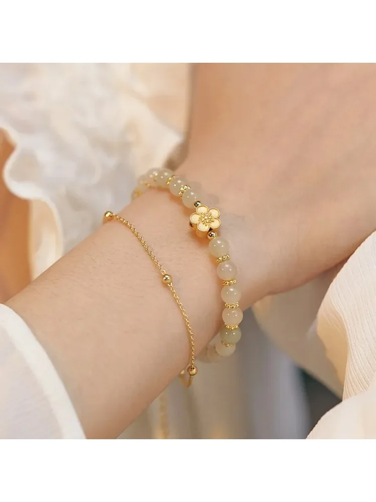 * 여성용 천연 헤티안 옥, 작은 복숭아 꽃, 더블 팔찌, 로맨틱 꽃, 신선한 비즈 팔찌, 웨딩 쥬얼리, 신제품