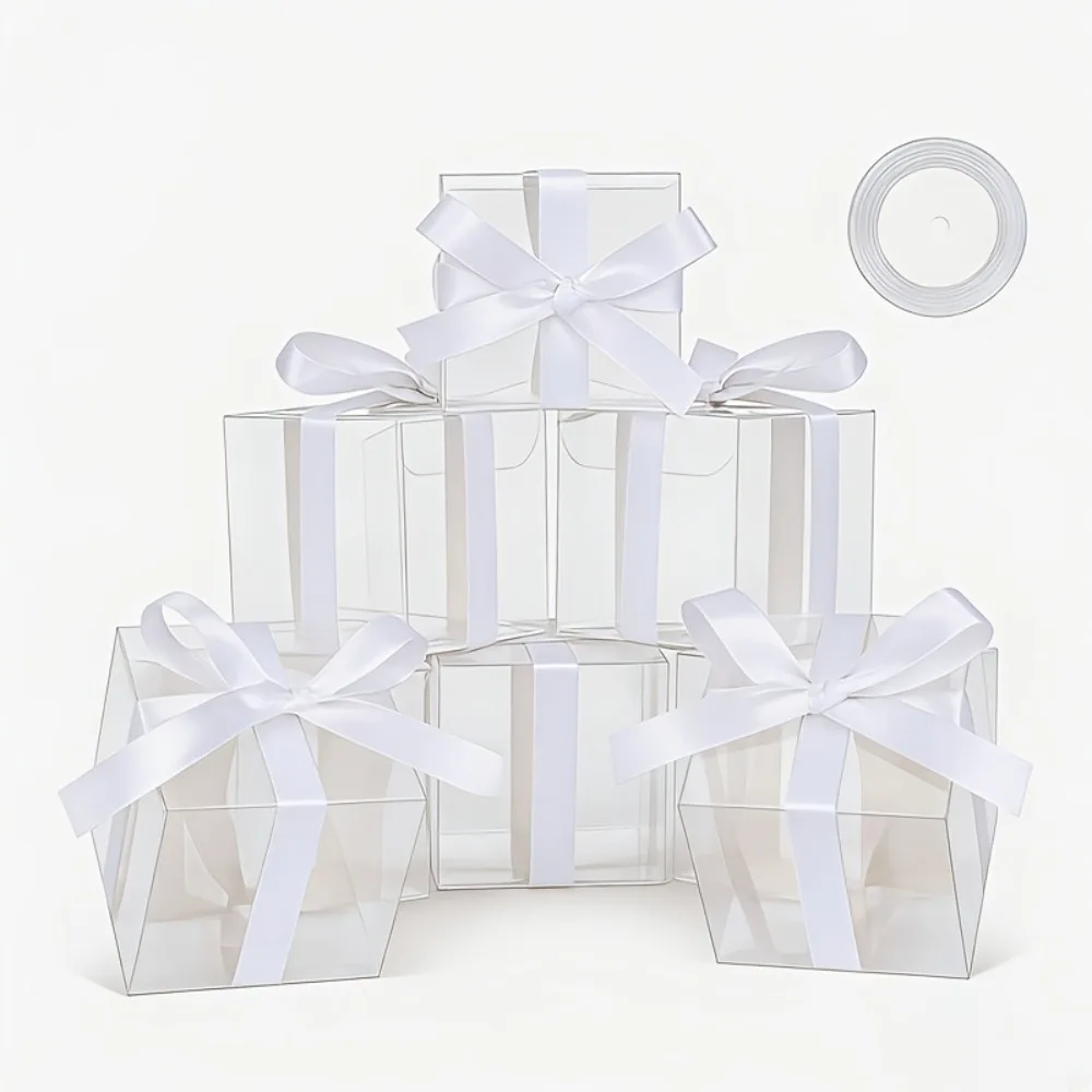 50個入り-透明ミニスクエアギフトボックス-黒-白リボン付き-結婚式-ブライズメイド-誕生日-クリスマス-バレンタイン-パーティーの記念品