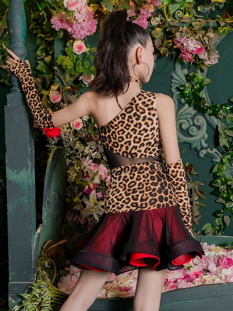 ガールラチンダンスパフォーマンスコスチューム、キッズレオパードスーツ、カリラスムバサムバ練習服、競技ドレス