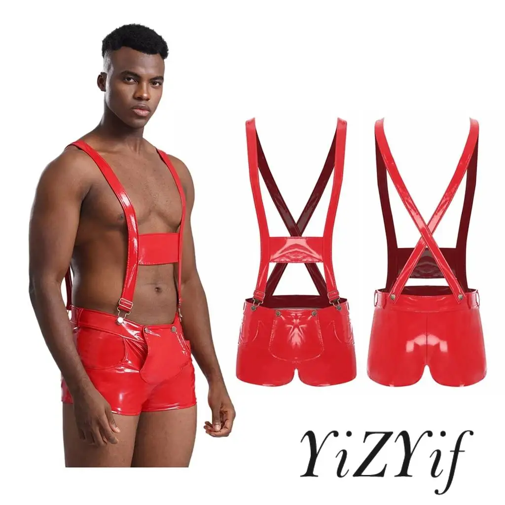 

Men One Piece Hot Pants Dungarees with Strap Suspender Overalls Shorts Festival Fancy Dress Romper Rave Club Pole Dancewear