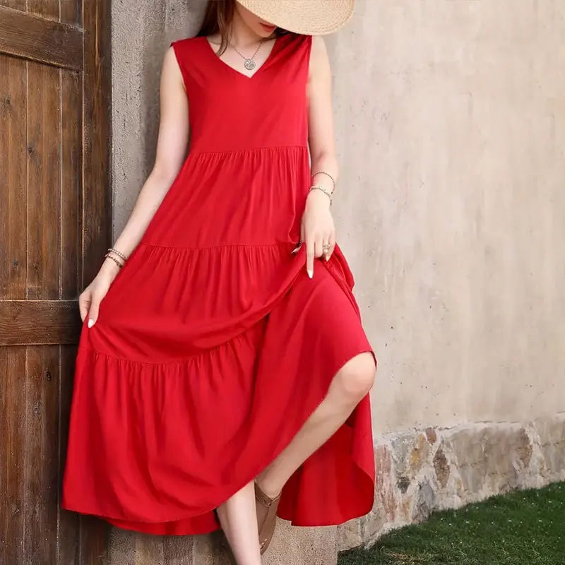 

Women's Skirt 2025 New Elegant Solid Color V-neck Layered Splicing Hem Loose Dress Cake Skirt
