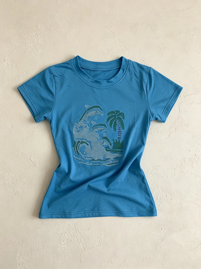 Summer Vacation Women Fitted T-Shirt Rhinestone Surfing Wave Palm Tree Pattern Crew Neck Short Sleeve Y2K Blue Casual Daily Tops