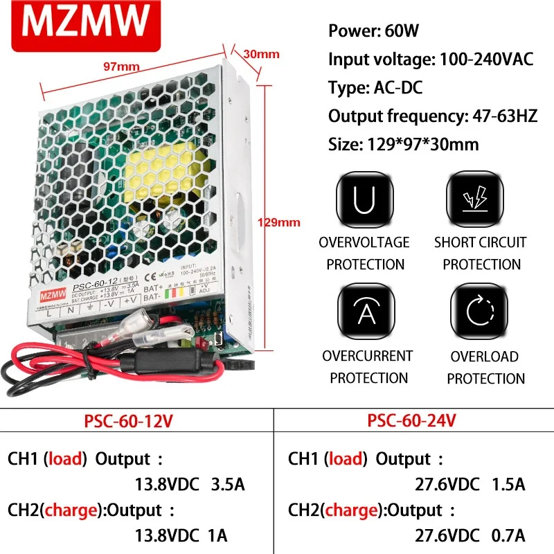 MZMW 60W UPS Charger Switching Power Supply 12V 24V AC DC 13.8V 3.5A 27.6V 1.5A Uninterruptible Power SMPS PSC-60-12 PSC-60-24