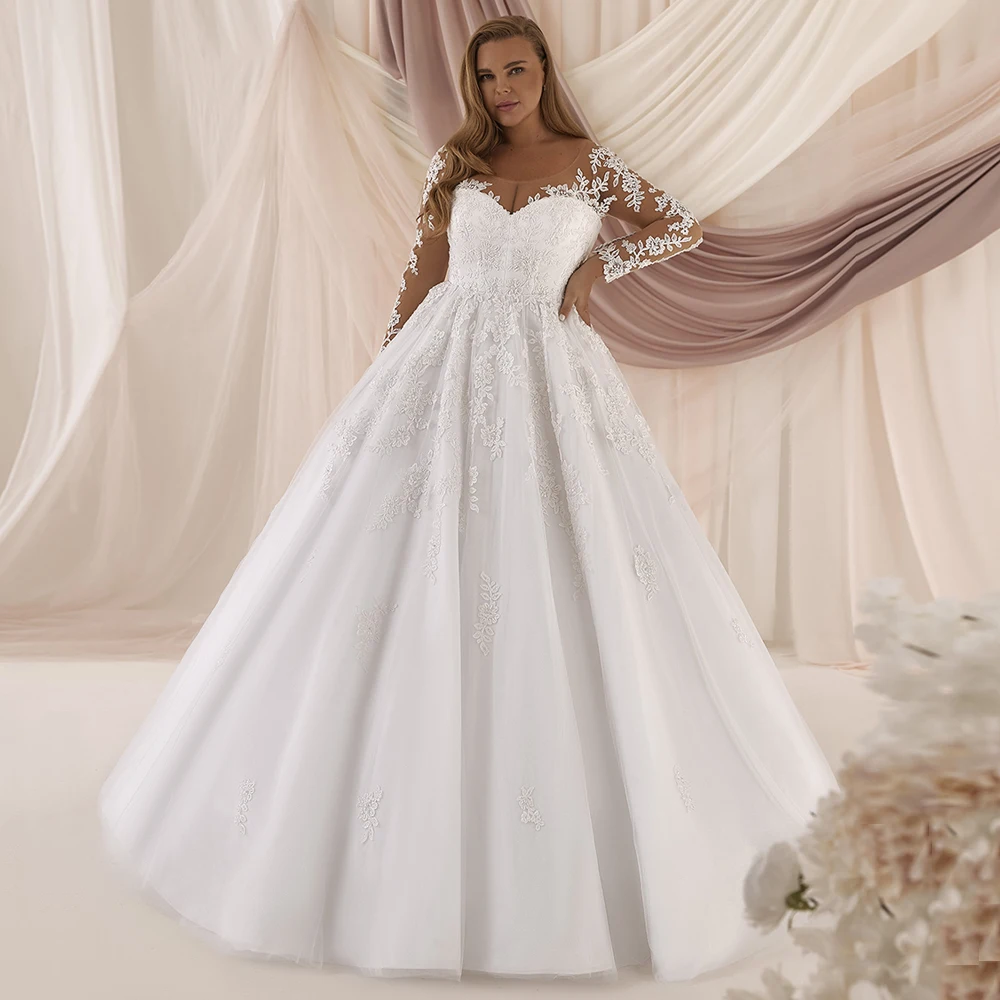 فستان زفاف كلاسيكي مقاس كبير مخصص بأكمام طويلة ورقبة سكوب مزين بقطار سويب فيستدوس دي نوفيا مشد فستان زفاف