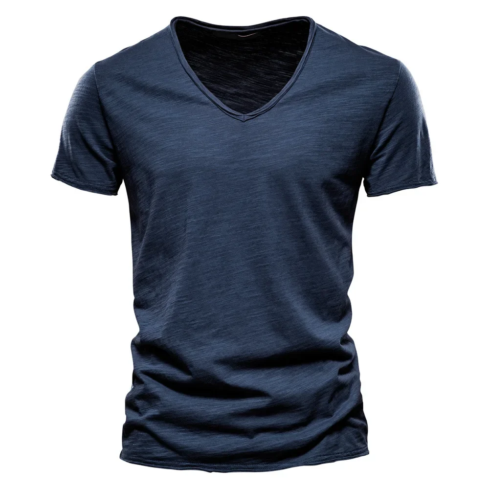 Camiseta de Cuello en V para Hombre, Color Sólido, Algodón de Bambú, Manga Corta, Transpirable, Ajustada, Informal, para Uso Diario, Verano, Multicolor