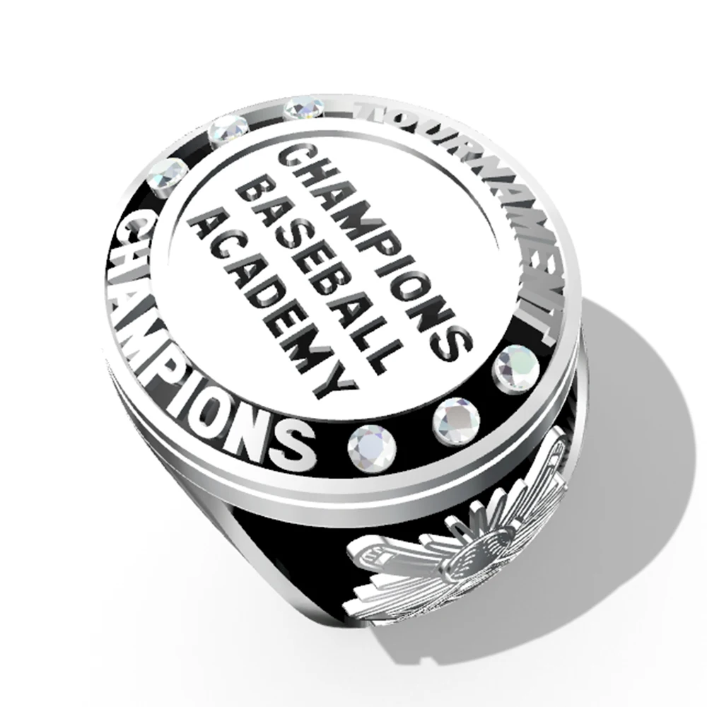 Customized championship ring for a team that both father and son like, with corresponding sizes, different names, and patterns.