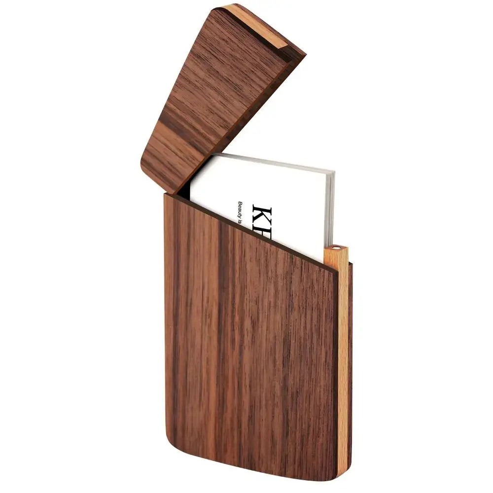 Thin Walnut Business Card Holder Large Capacity Portable Business Card Storage Box Solid Wood Magnetic Closure