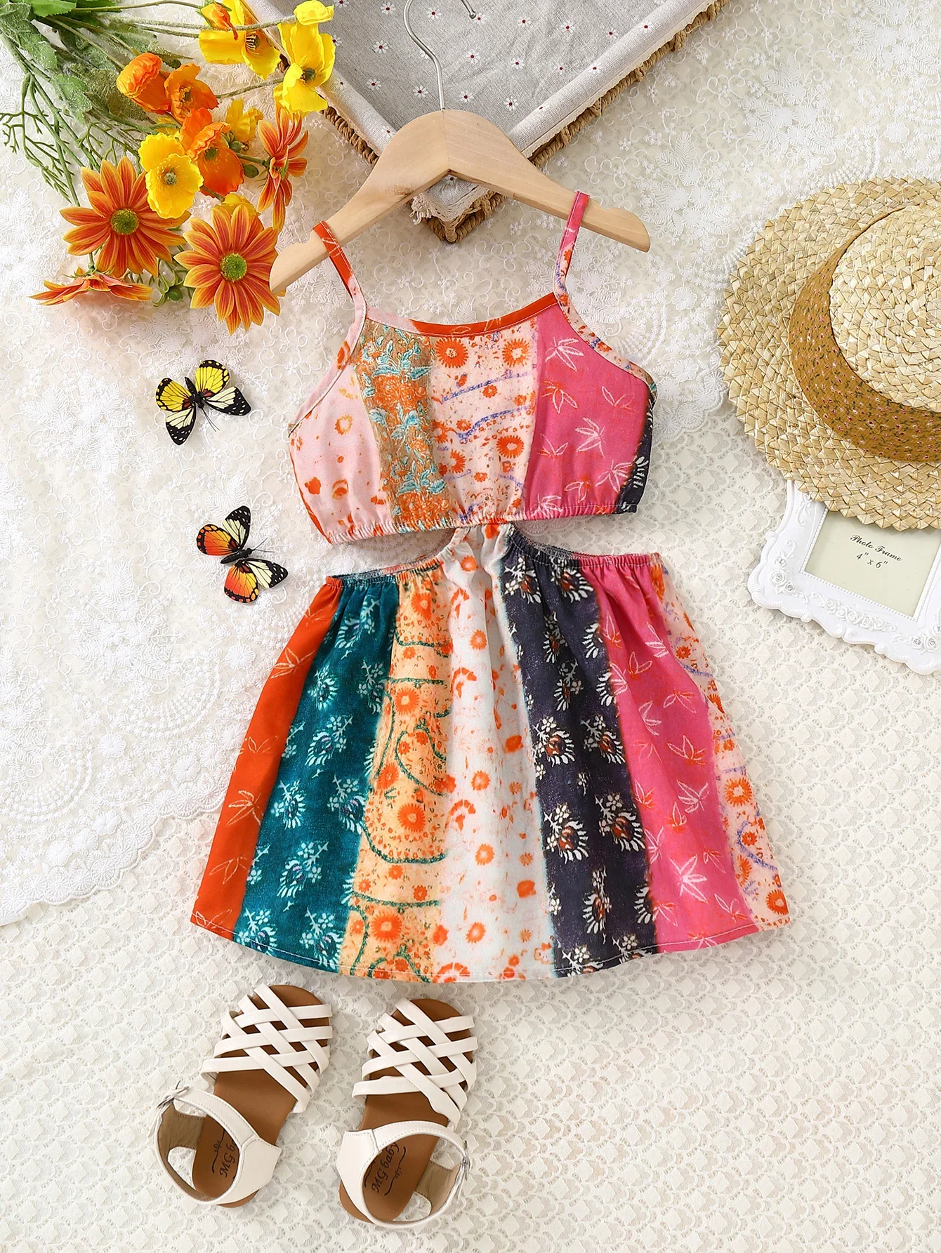 Girls' Floral Sundress (Ages 3-7) - Lace-Up Back Sleeveless Dress with Side Cutouts | Beach & Vacation Dress