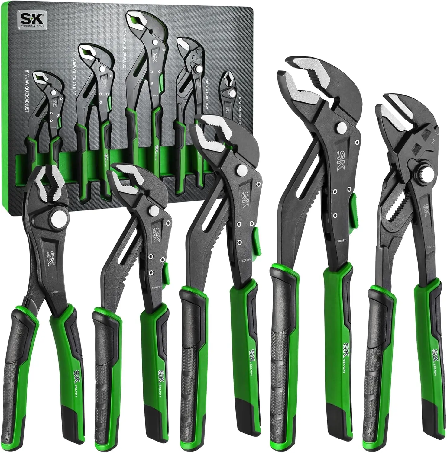 

5-Piece Pliers Set: 8" Slip Joint, 8", 10", 12" V-Jaw, 10" Wrench, CR-V Steel, EVA Organizer