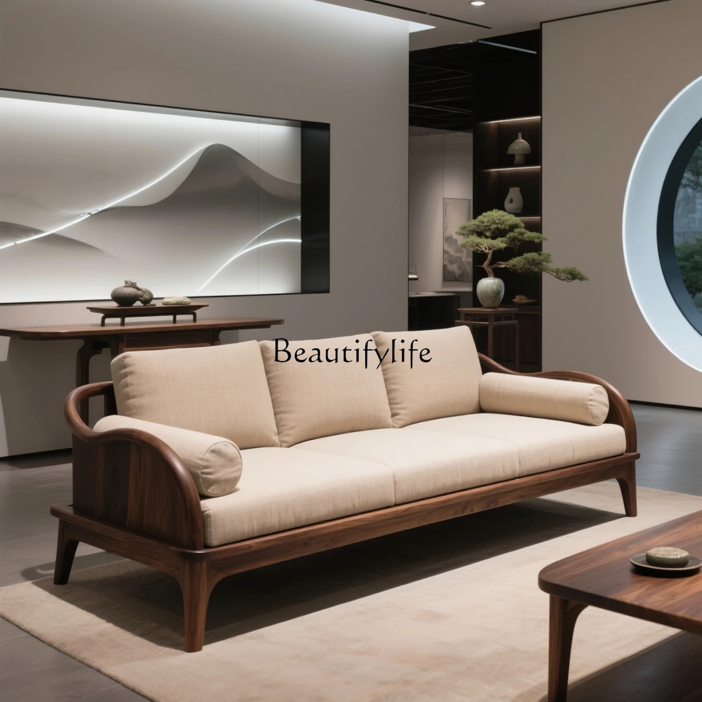 

New Chinese Solid Wood Sofa Zen Living Room Clubhouse Tea Room North American Black Walnut Sofa Bed