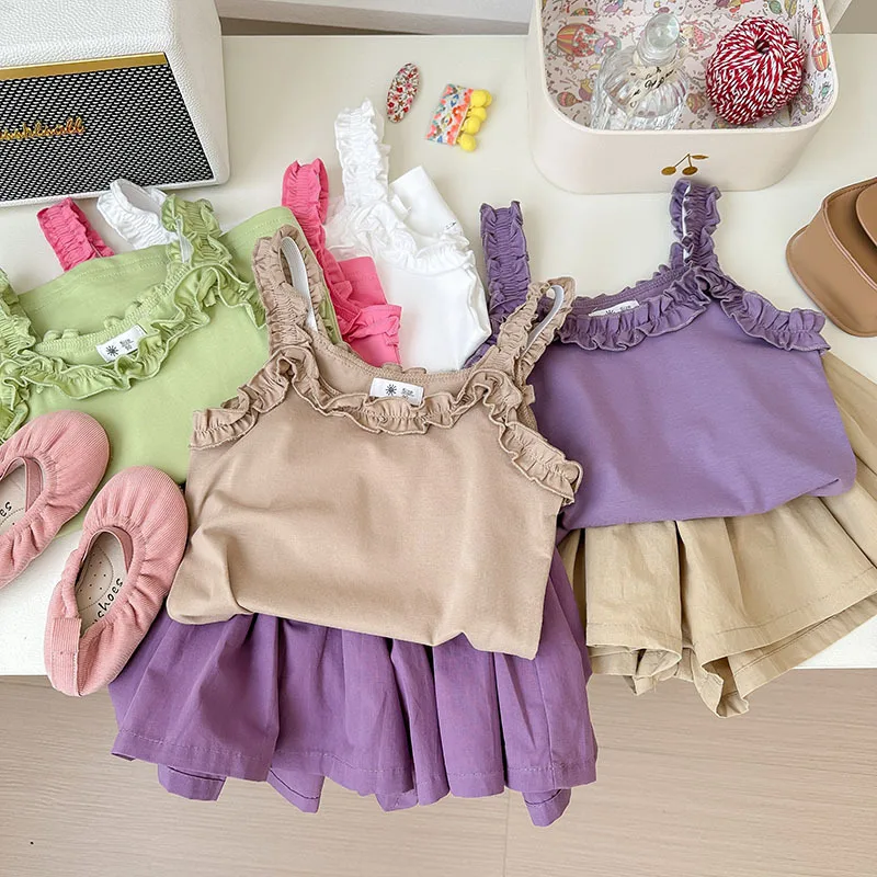 Childrens Sets Summer Girls Korean Lotus Leaf Edge Camisole Shirt Baby Vest Pants Skirt Thin Two Piece 2024 Fashion