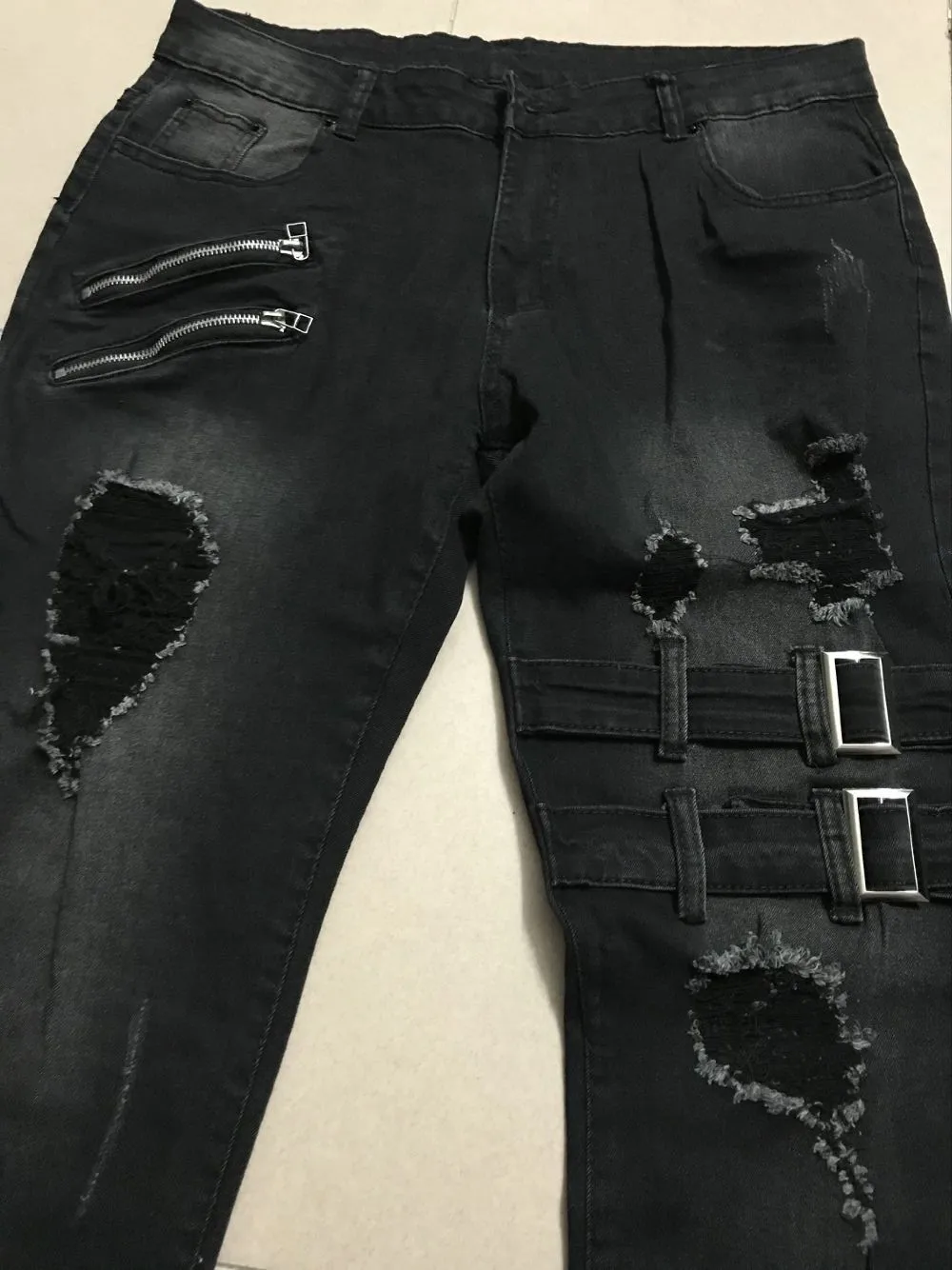 Pantalones vaqueros largos de motorista para hombre, ropa de calle Harajuku, ajustada, informal, rasgada, negra, para estudiantes