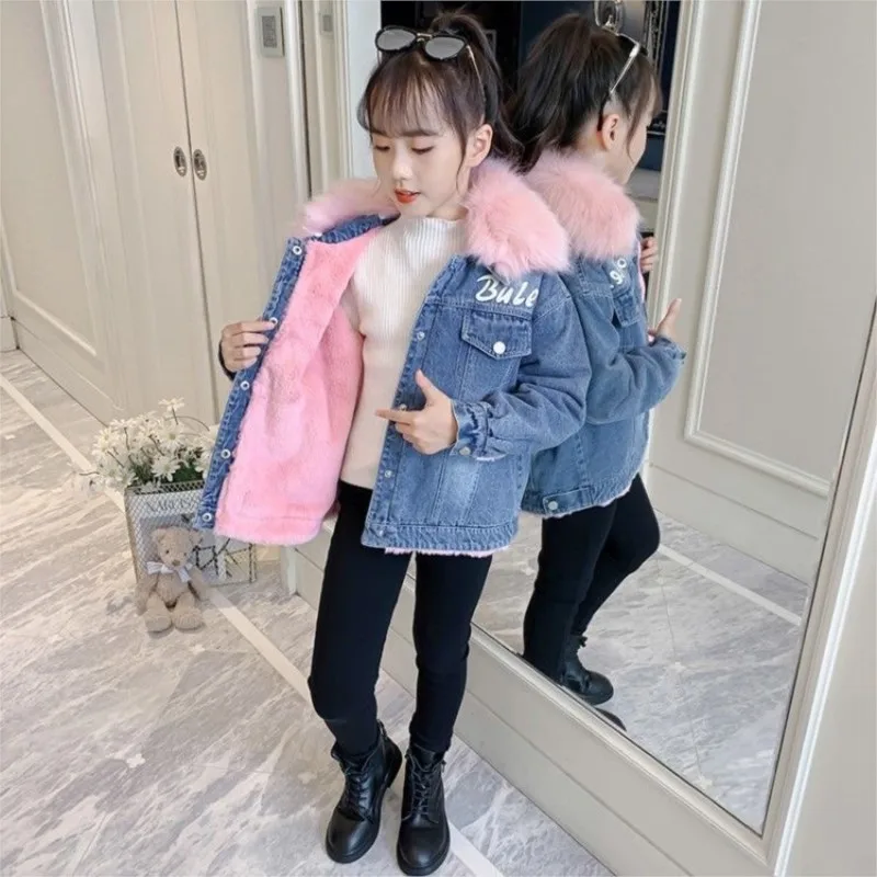 2025 Korean Winter Girl Denim Jacket Cartoon Sequined Bear Plus Velvet Girl Outerwear Coat 3-14 Years Kids Teenage Girl Parka