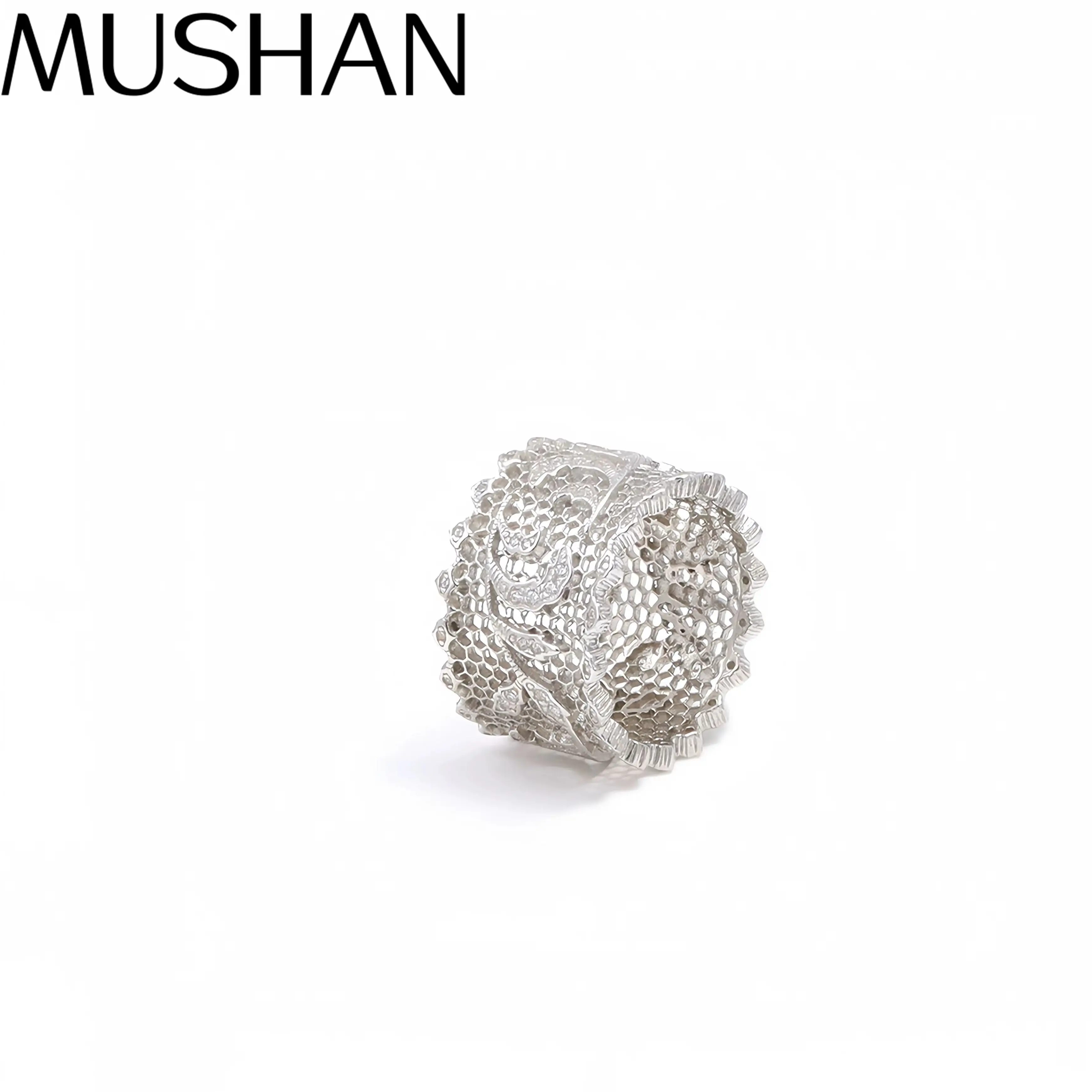 

Mushan Luxury Brand Pure Silver Italian High End Gold Honeycomb Engraving Iris Flower Ring Retro Lace Brushed Ring