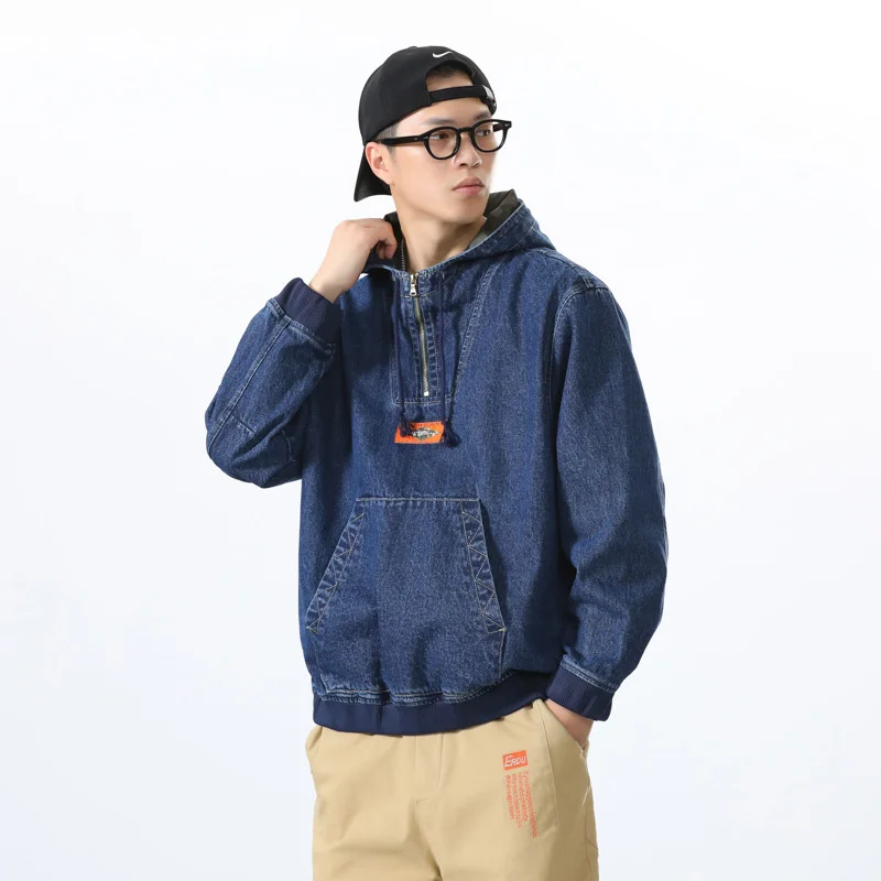 

Men's Hooded Denim Jacket Sports Casual Loose Hoodies Half zipper with Hood Sweatshirt Coat Male