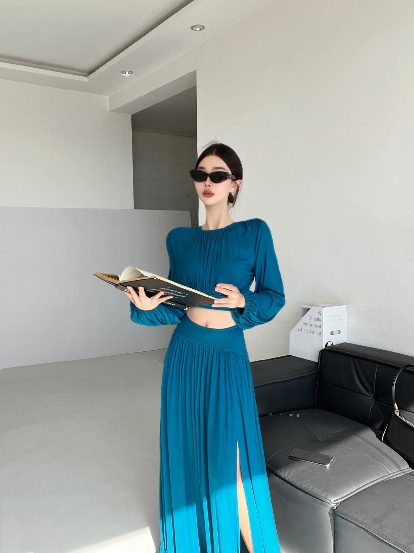 Ele Paars gebreide losse pasvorm Lantern Sve-set Midi-rok met hoge taille rond Ne Long Sve Casual werkkleding Faion-set