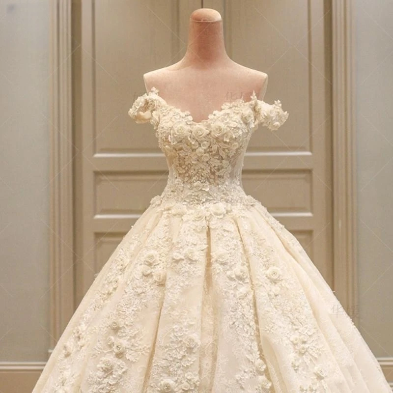 Custom Made Off The Shoulder Short Sleeve Beading Appliques Lace Flowers Princess Ball Gown Wedding Dresses