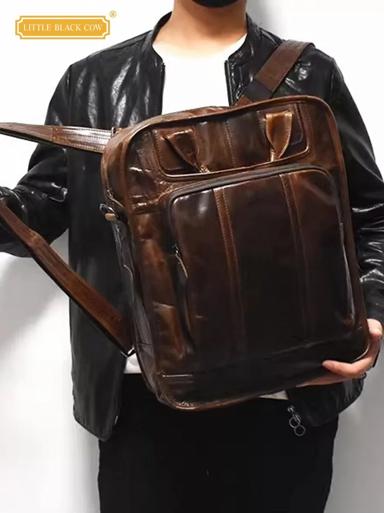 

Vintage Mens Large Capacity Cowhide Genuine Leather Backpack Teenager Schoolbag Satchel Travel Shoulder Bag Business Work Totes