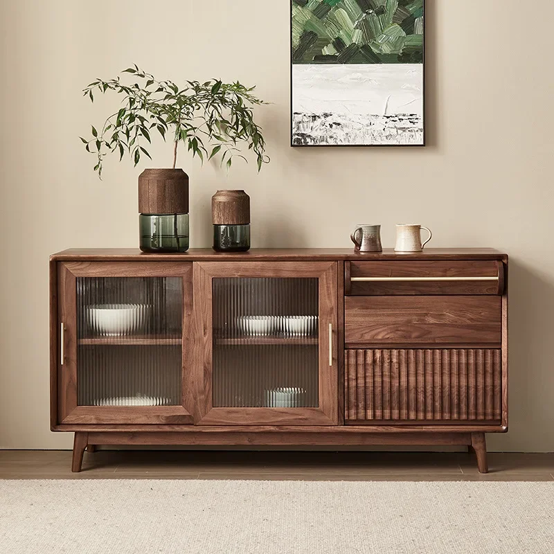 

The product can be customized. Modern black walnut sideboard, solid wood collection, wine cabinet, glass double door cabinet, mi