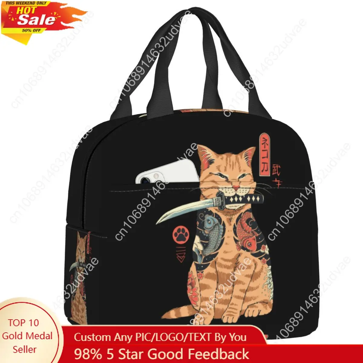 

Japanese Samurai Cat Lunch Bag Women Resuable Cooler Thermal Insulated Lunch Box for Kids School Food Picnic Storage Bags
