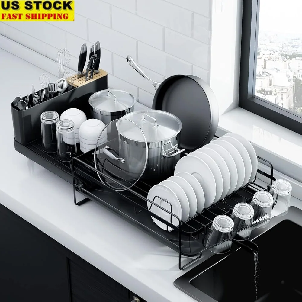 

Adjustable Dish Drying Rack Extendable Kitchen Counter Anti-Slip Multifunctional Drainer with Cutlery Organizer Cup Holder Rust