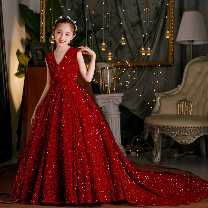 Wine Red Sequin Flower Girl Pageant Mermaid Dresses Long Puffy Prom Formal Birthday Party Dress Luxury Evening Shining Ball Gown