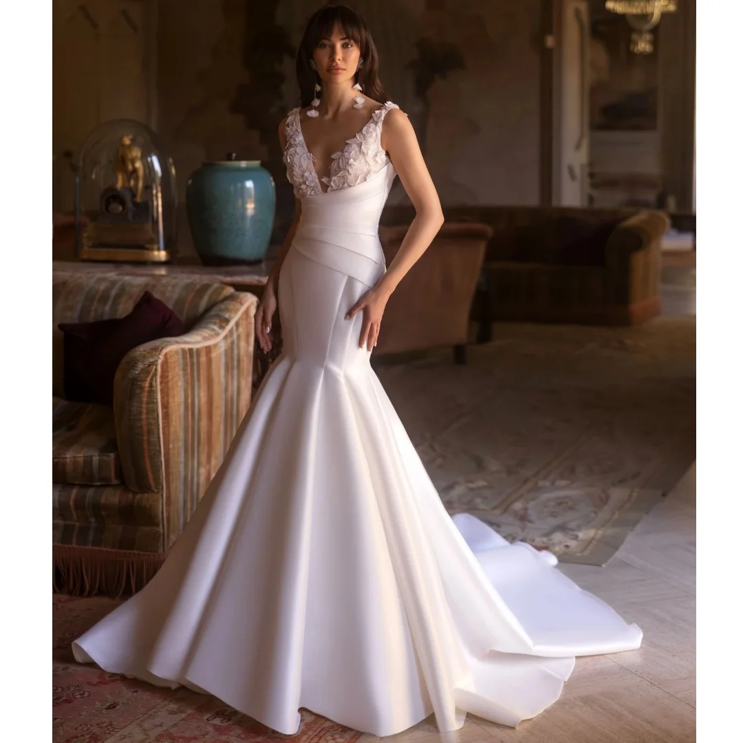 

White Trumpet Wedding Dresses for Brides 2025 V Neck Satin Vestido de Novia Lace Appliqued Second Reception Gowns Customized