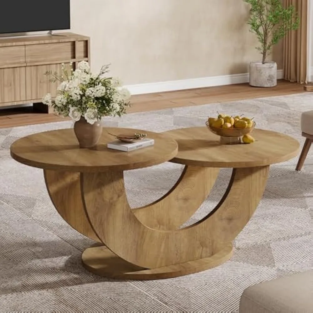 

Round Living Room Coffee Table, 2-Tier Farmhouse Coffee Table with U-Shaped Frame, Low Accent Center Cocktail Table for Home, A