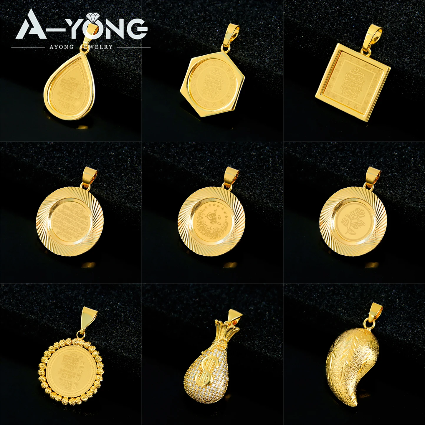 Arabic Muslim Fashion Jewelry Pendants 21k Gold Plated Turkish Geometric Necklace Pendant Moroccan Women Bridal Wedding Jewelrys