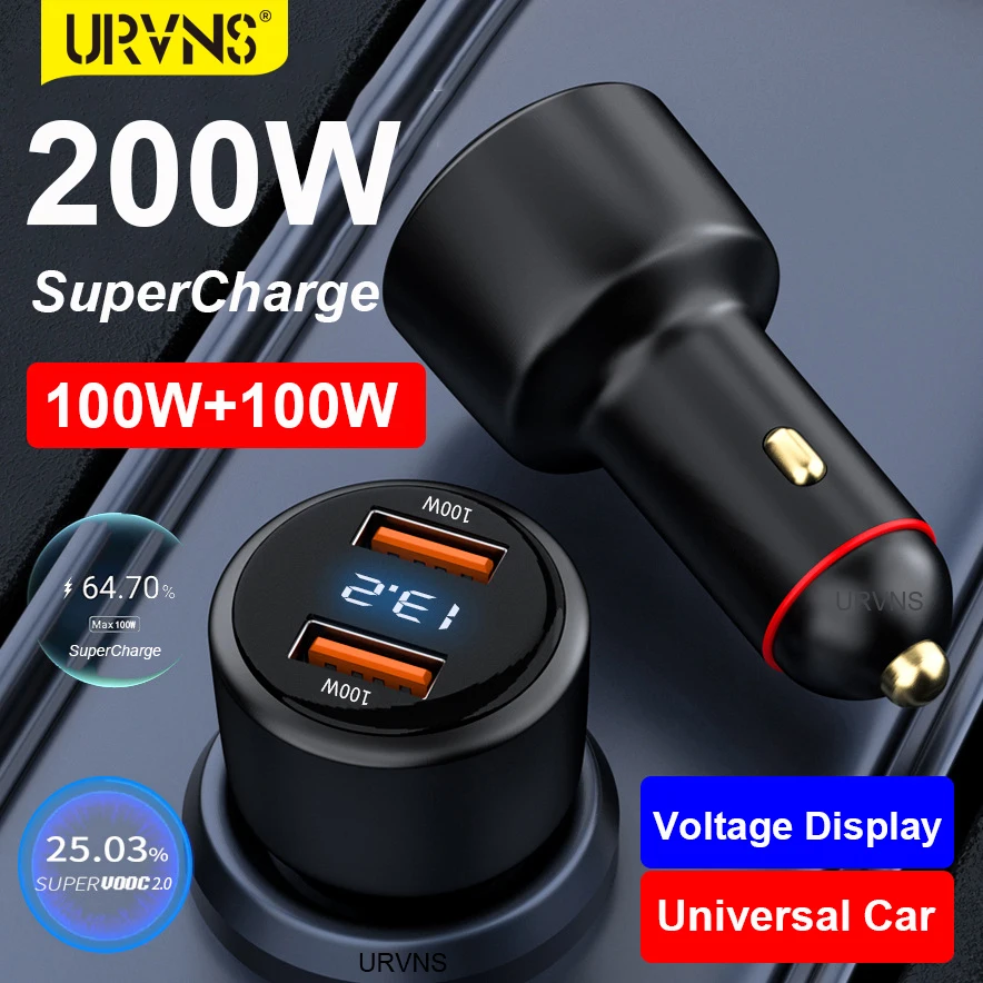 URVNS Dual Port 200W USB Car Charger with Voltage Display, 2 QC3.0 USB-A 100W 66W SuperCharge for Huawei Honor VIVO OPPO Xiaomi