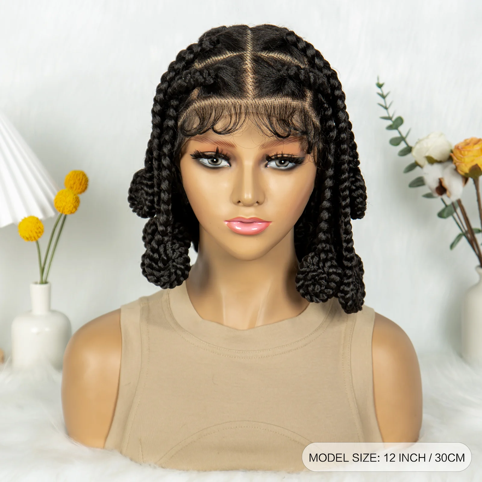 Synthetic Full Lace Braided Wigs Handmade Bantu Braided Lace Wig Knotless Lace Frontal Braids Wig with Baby Hair for Black Women