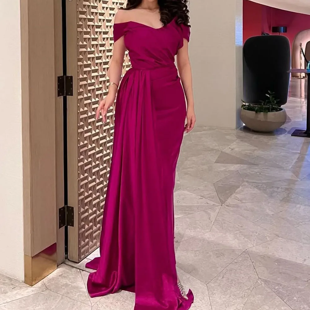 

Customized A-Line Prom Dresses Floor-Length Off The Shoulder Sleeveless Evening Gown Simple Fashion Draped Casual Party Gown