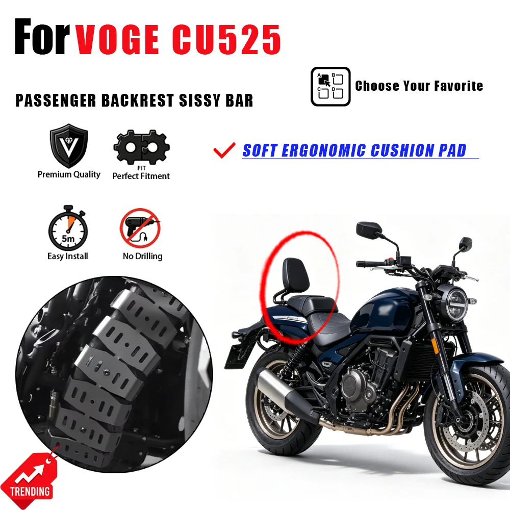 

For VOGE CU525 Motorcycle Rear Passenger Backrest Sissy Bar Co-pilot Seat Support Pad Accesorios Moto Respaldo Parts