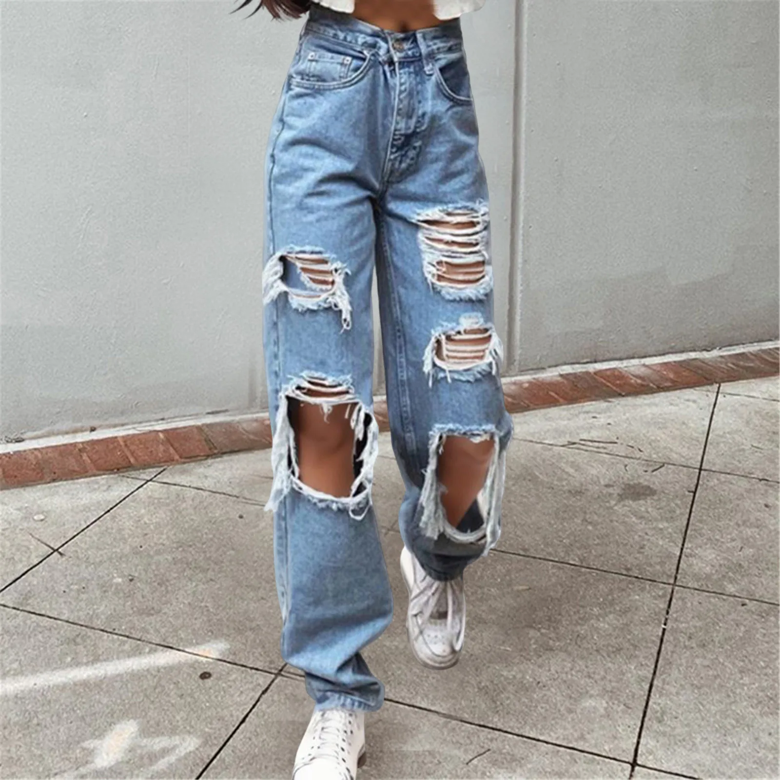 Women Jeans Zipper Fly Wide Leg Lady Denim Pants High Waist Women Denim Trousers Stretch Women Ripped Loose Fit Jeans