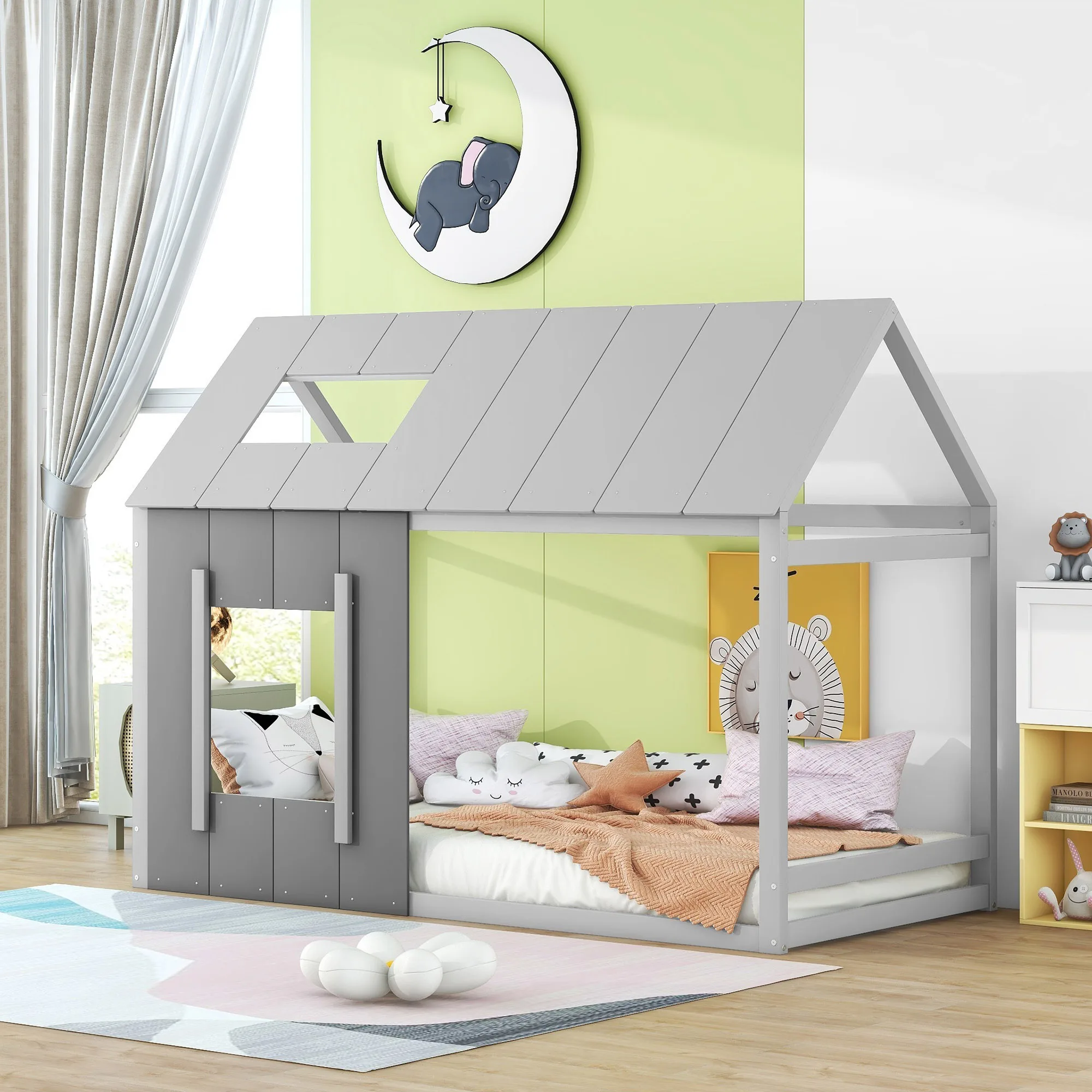 90x200 children's bed, children's bed in house shape, single house flat bed with roof and window, dark gray